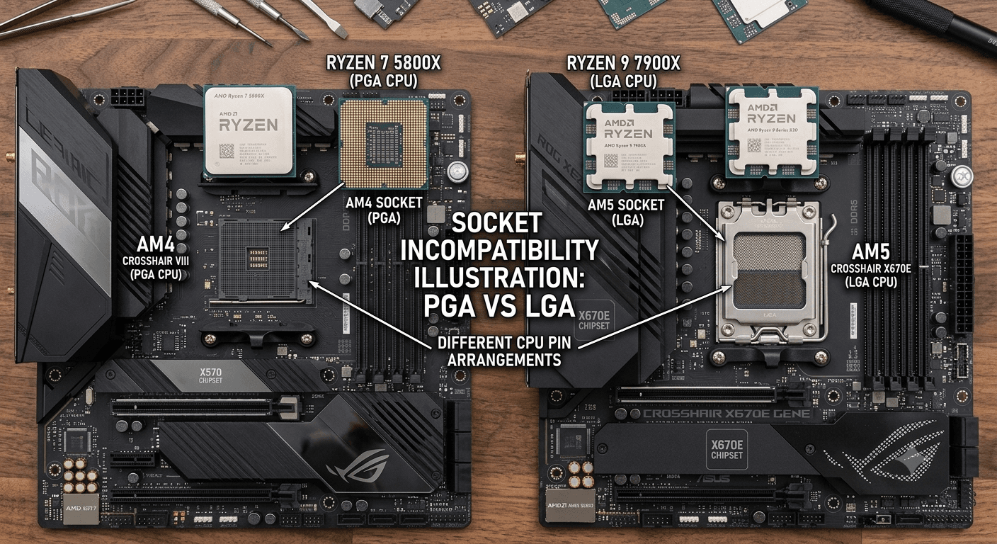 Diagram comparing AMD AM4 PGA socket vs AM5 LGA socket, showing pin placement differences that make CPUs incompatible between the two platforms.